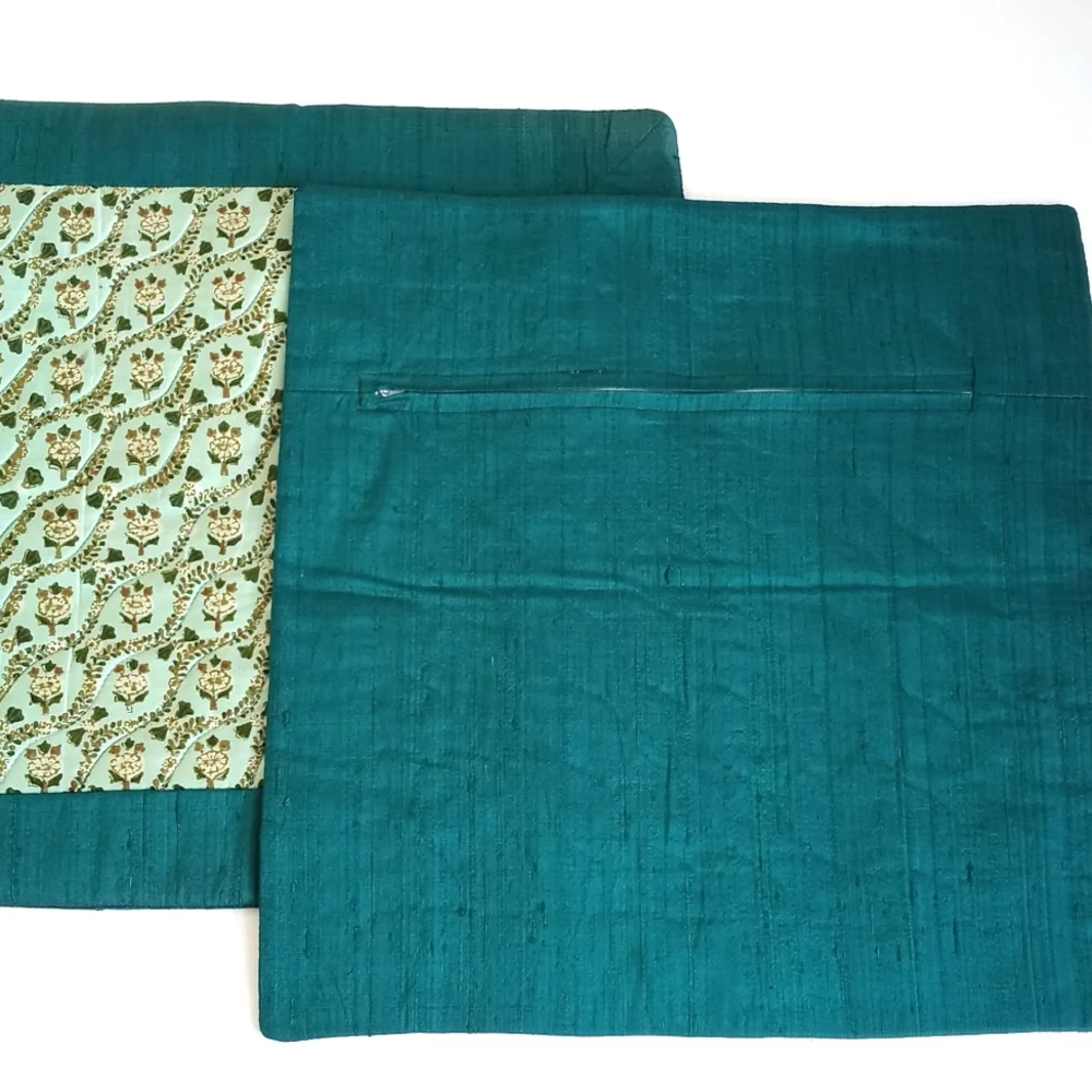 Set of 2 Silk Vintage Teal Trimmed Cream Floral Quilted 15”x 15” Pillow Shams